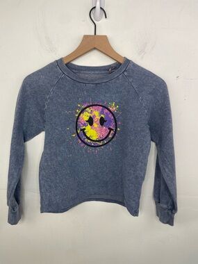 Madden Girl Blue Tie-Dye Smiley Graphic Sweatshirt Girls size 10 Large